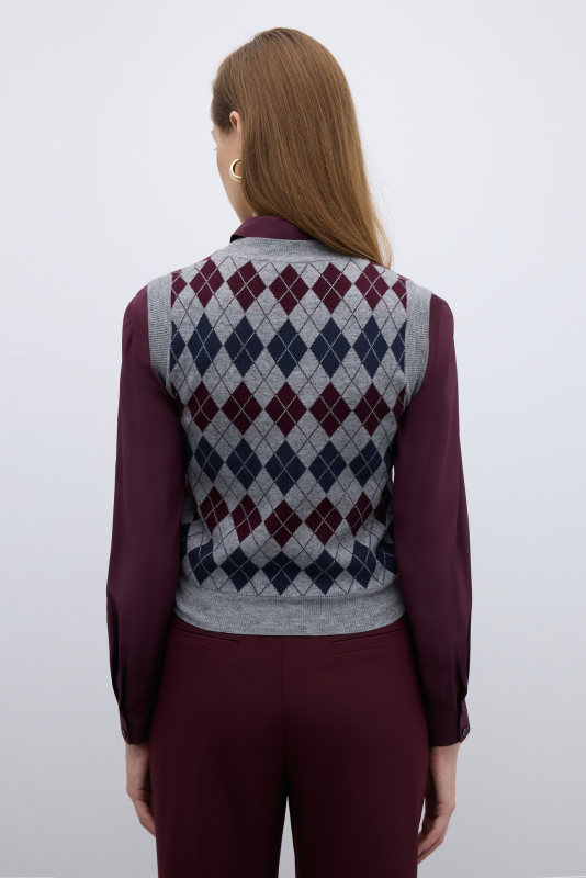 V Yaka Baklava Desenli Triko Süveter Standart Renk - 2