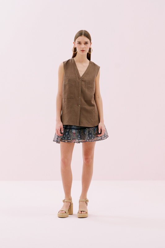 V Yaka Çift Cepli Keten Gömlek Kahve - 3