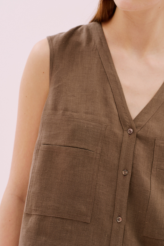 V Yaka Çift Cepli Keten Gömlek Kahve - 4