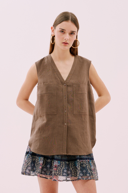 V Yaka Çift Cepli Keten Gömlek Kahve 