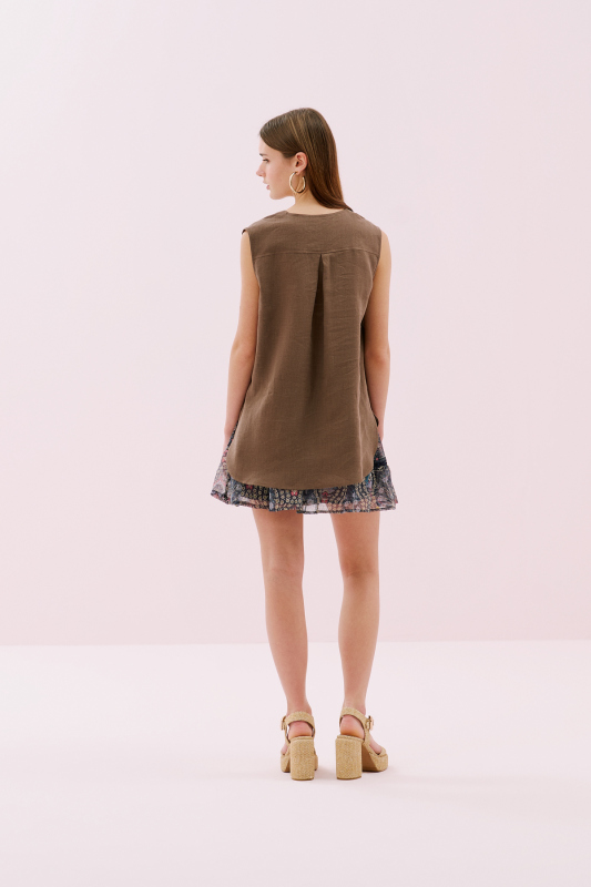 V Yaka Çift Cepli Keten Gömlek Kahve - 2