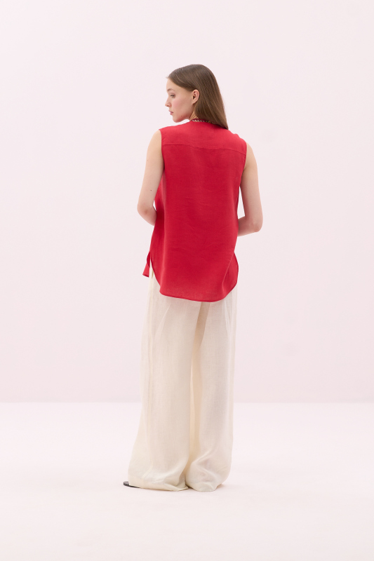 V Yaka Çift Cepli Keten Gömlek Kırmızı - 3