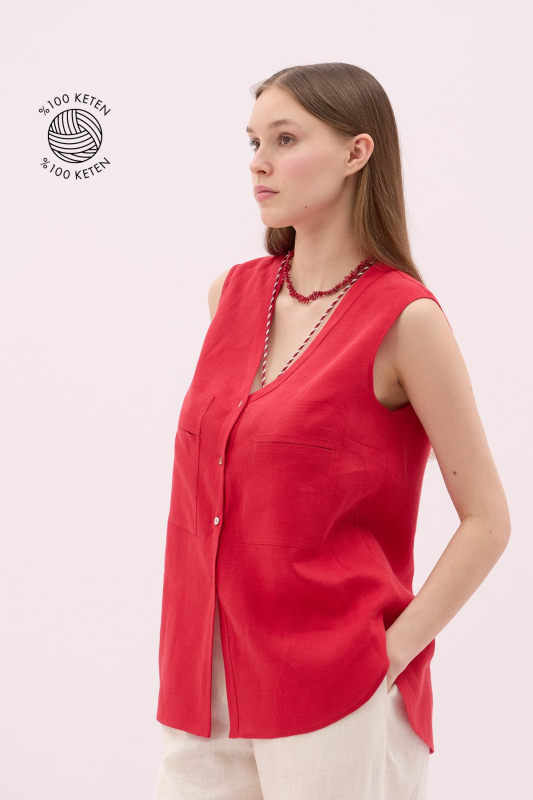V Yaka Çift Cepli Keten Gömlek Kırmızı - 1