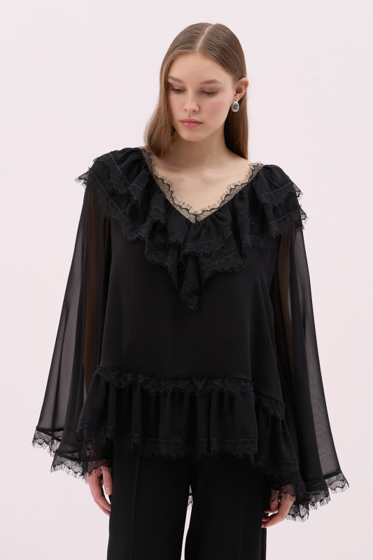 V Yaka Dantel ve Fırfır Detaylı İspanyol Kol Tunik Siyah - 3