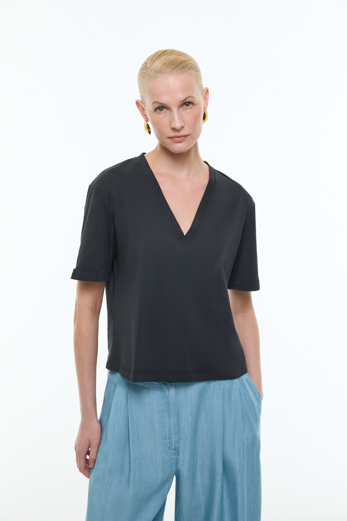 V Yaka Double Kısa Kol T-shirt Siyah