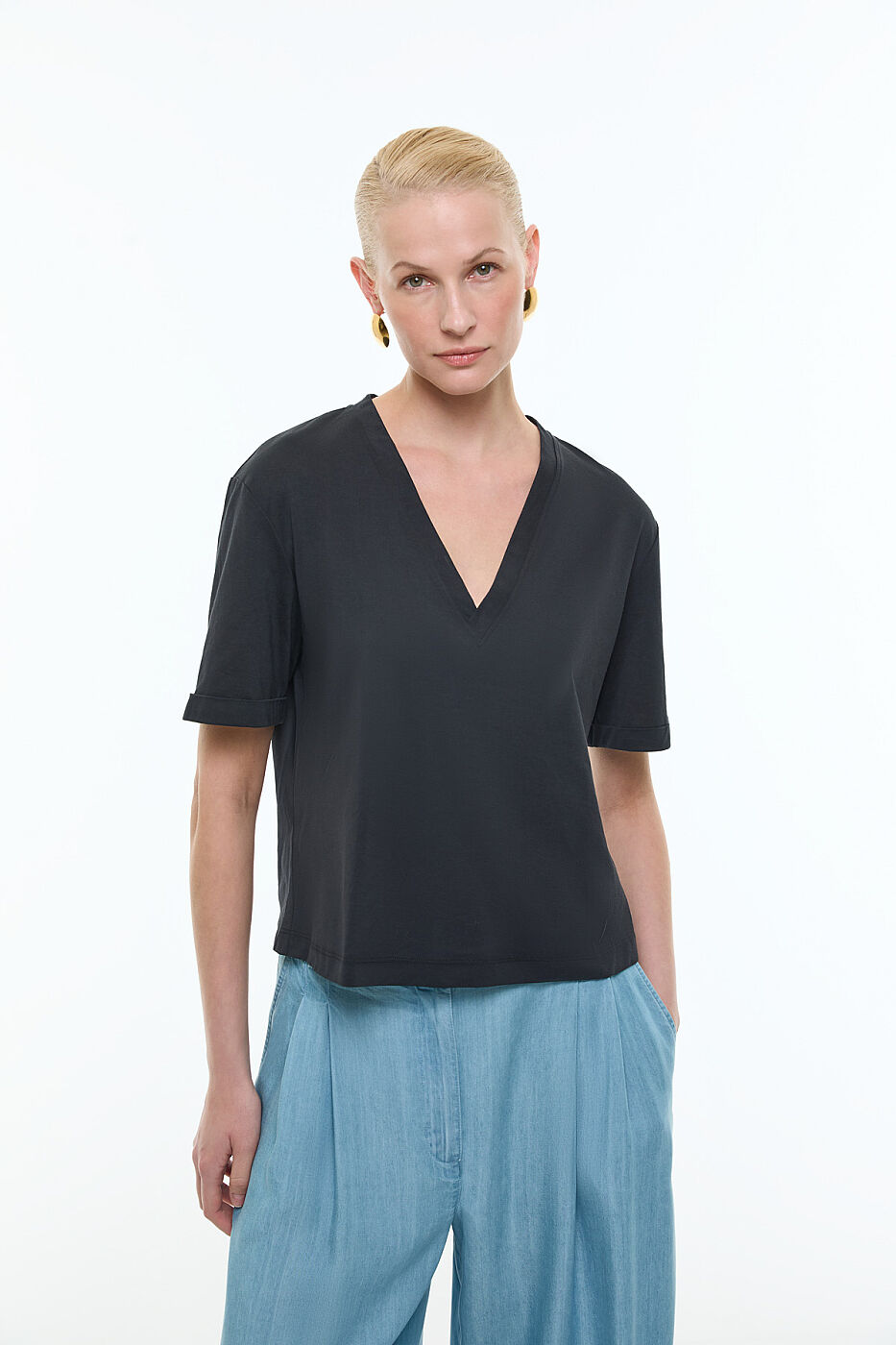 V Yaka Double Kısa Kol T-shirt Siyah - 1
