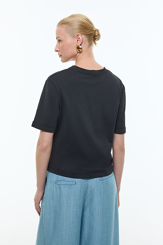 V Yaka Double Kısa Kol T-shirt Siyah - Roman (1)