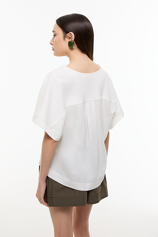 V Yaka Düşük Omuz T-shirt Ekru - Roman (1)