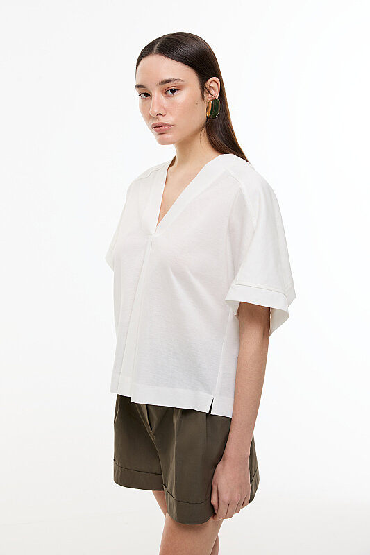 V Yaka Düşük Omuz T-shirt Ekru - 3