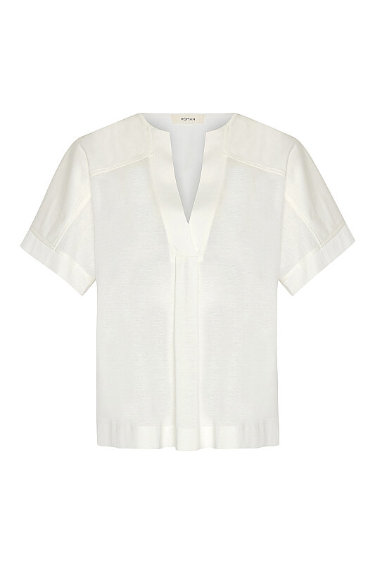 V Yaka Düşük Omuz T-shirt Ekru - 5