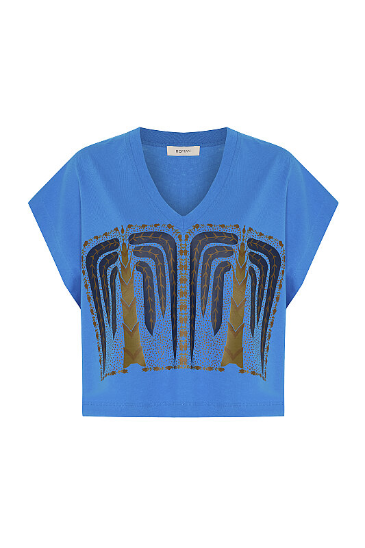 V Yaka Düşük Omuzlu T-shirt Turkuaz - 5