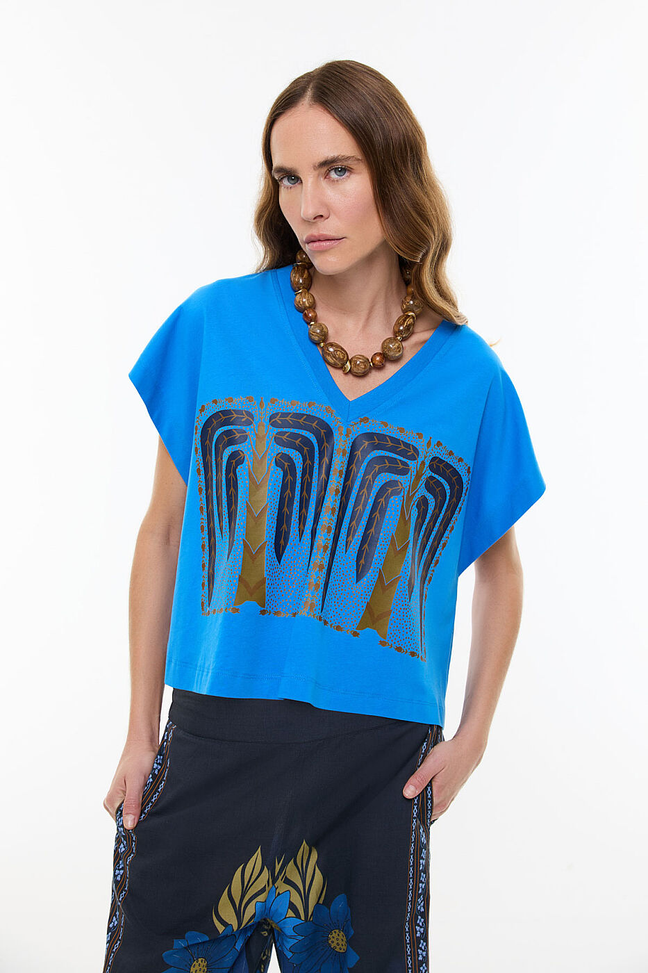 V Yaka Düşük Omuzlu T-shirt Turkuaz - 3
