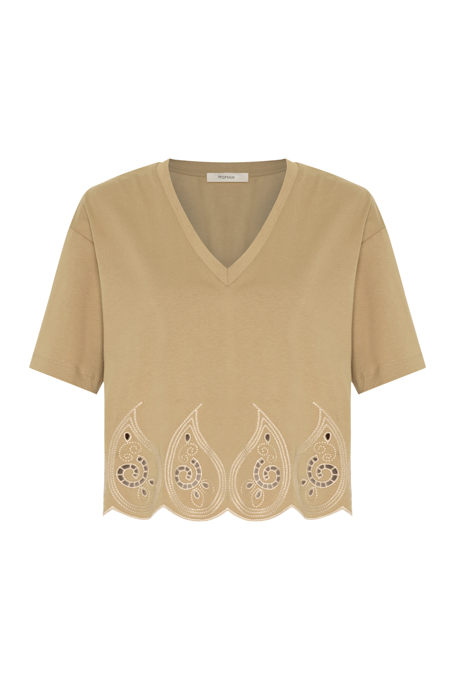 V Yaka Embrode Nakışlı T-shirt Kahve - 4