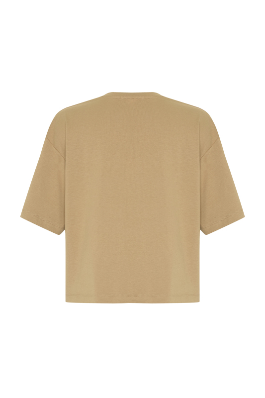 V Yaka Embrode Nakışlı T-shirt Kahve - 5