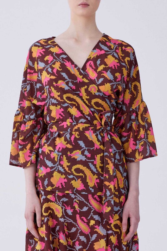 V Yaka Floral Desen Bluz Standart Renk - 1