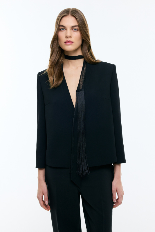 V Yaka Krep Ceket Siyah - Roman