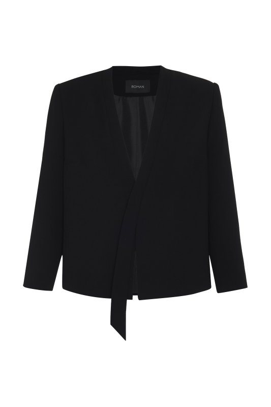 V Yaka Krep Ceket Siyah - 5