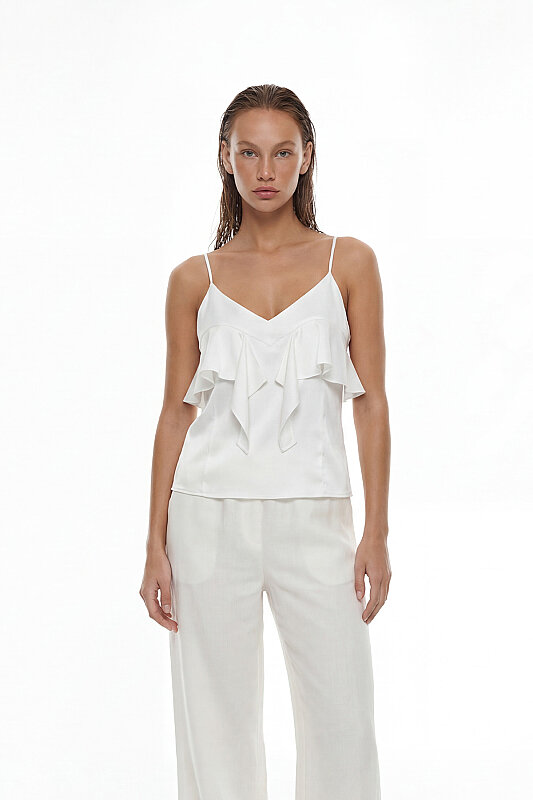 V Yaka İnce Askılı Volan Detaylı Bluz Beyaz 