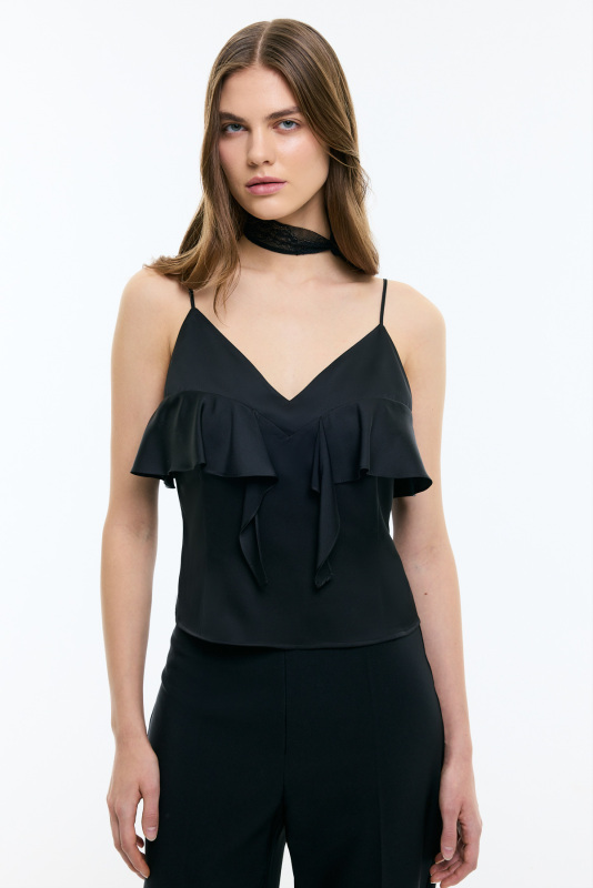 V Yaka İnce Askılı Volan Detaylı Bluz Siyah - 1