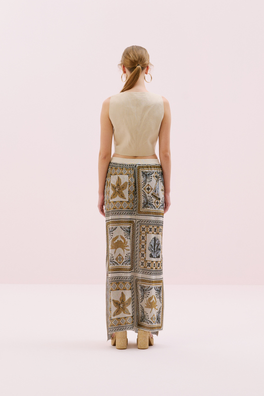 V Yaka Önü Düğmeli Keten Yelek Bej - 2