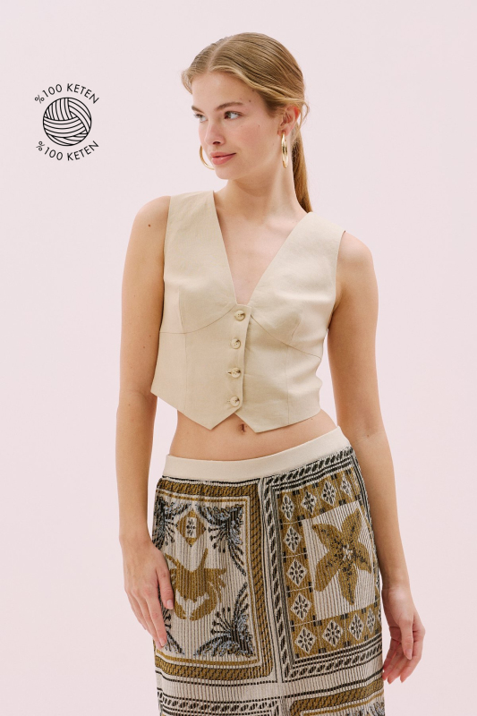 V Yaka Önü Düğmeli Keten Yelek Bej - 1