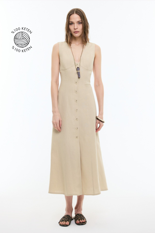 V Yaka Önü Düğmeli Kolsuz Keten Maksi Boy Elbise Bej - Roman