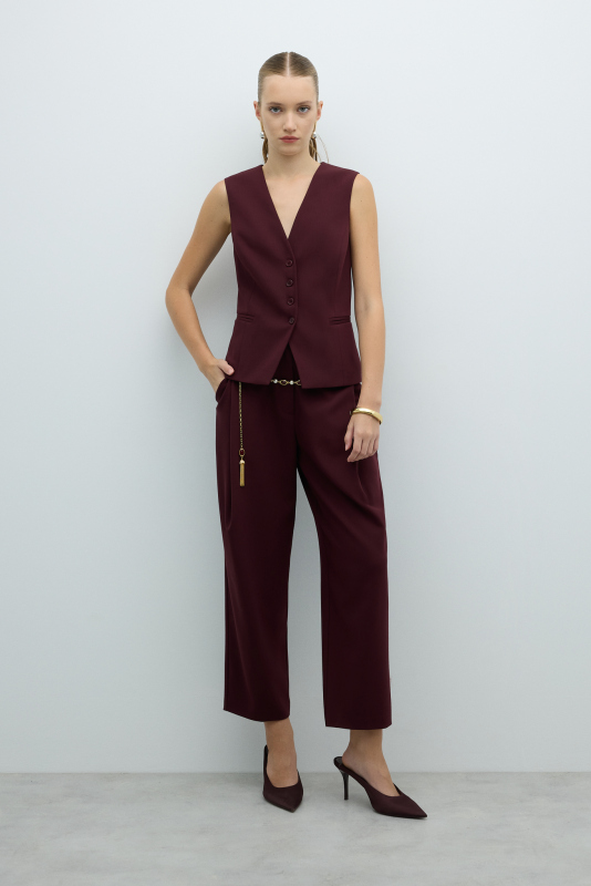 V Yaka Önü Düğmeli Yelek Bordo - 3