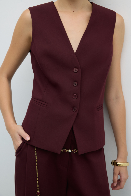 V Yaka Önü Düğmeli Yelek Bordo - 4