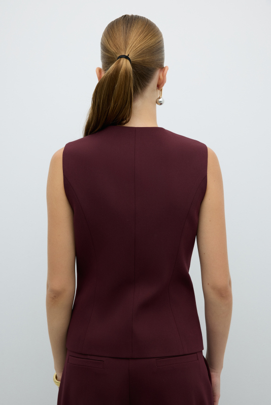 V Yaka Önü Düğmeli Yelek Bordo - 2