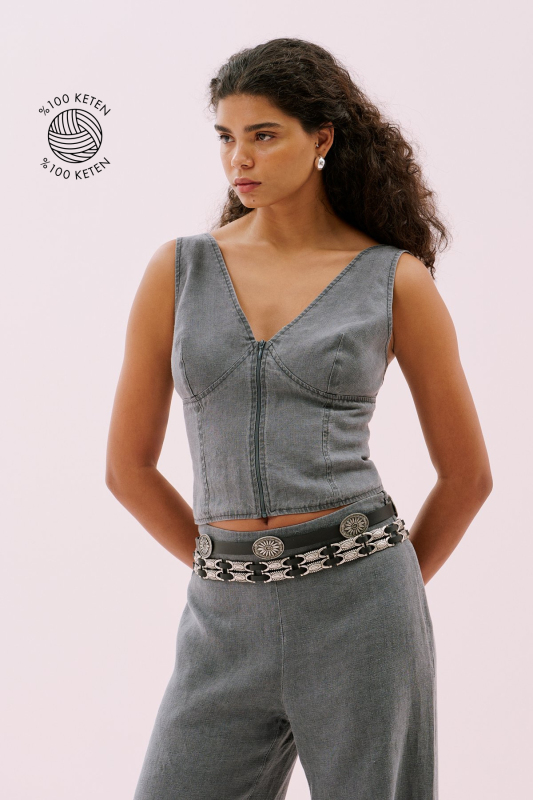 V Yaka Önü Fermuarlı Arkası Gipeli Bluz Antrasit - 1