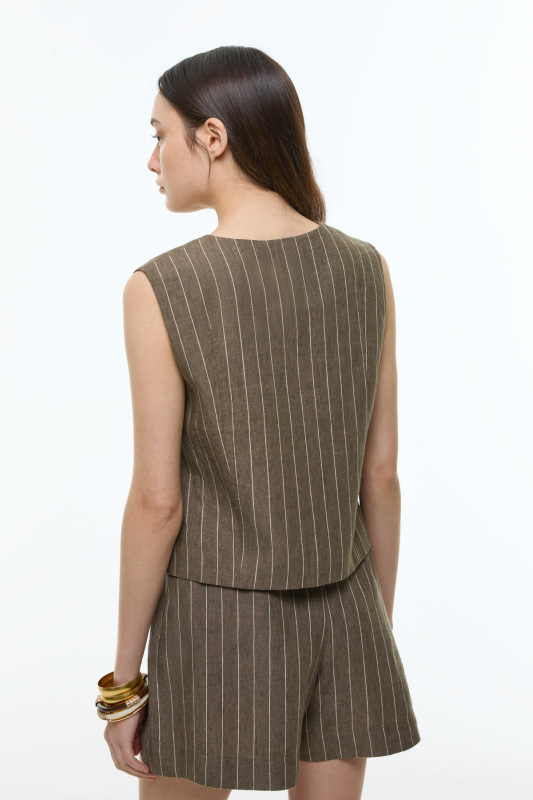 %100 Keten V Yaka Önü Fermuarlı Yelek Haki - Roman (1)