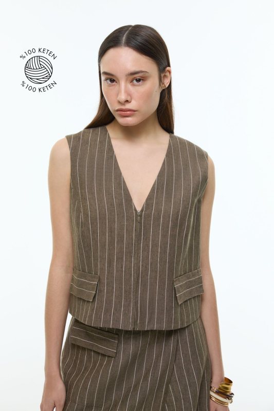 %100 Keten V Yaka Önü Fermuarlı Yelek Haki - Roman