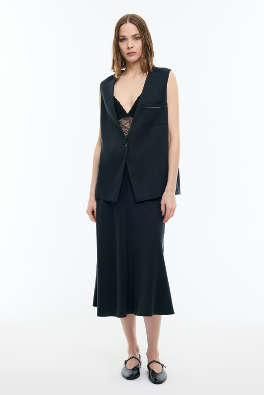 V Yaka Oversize Tek Düğmeli Yelek Lacivert - 3