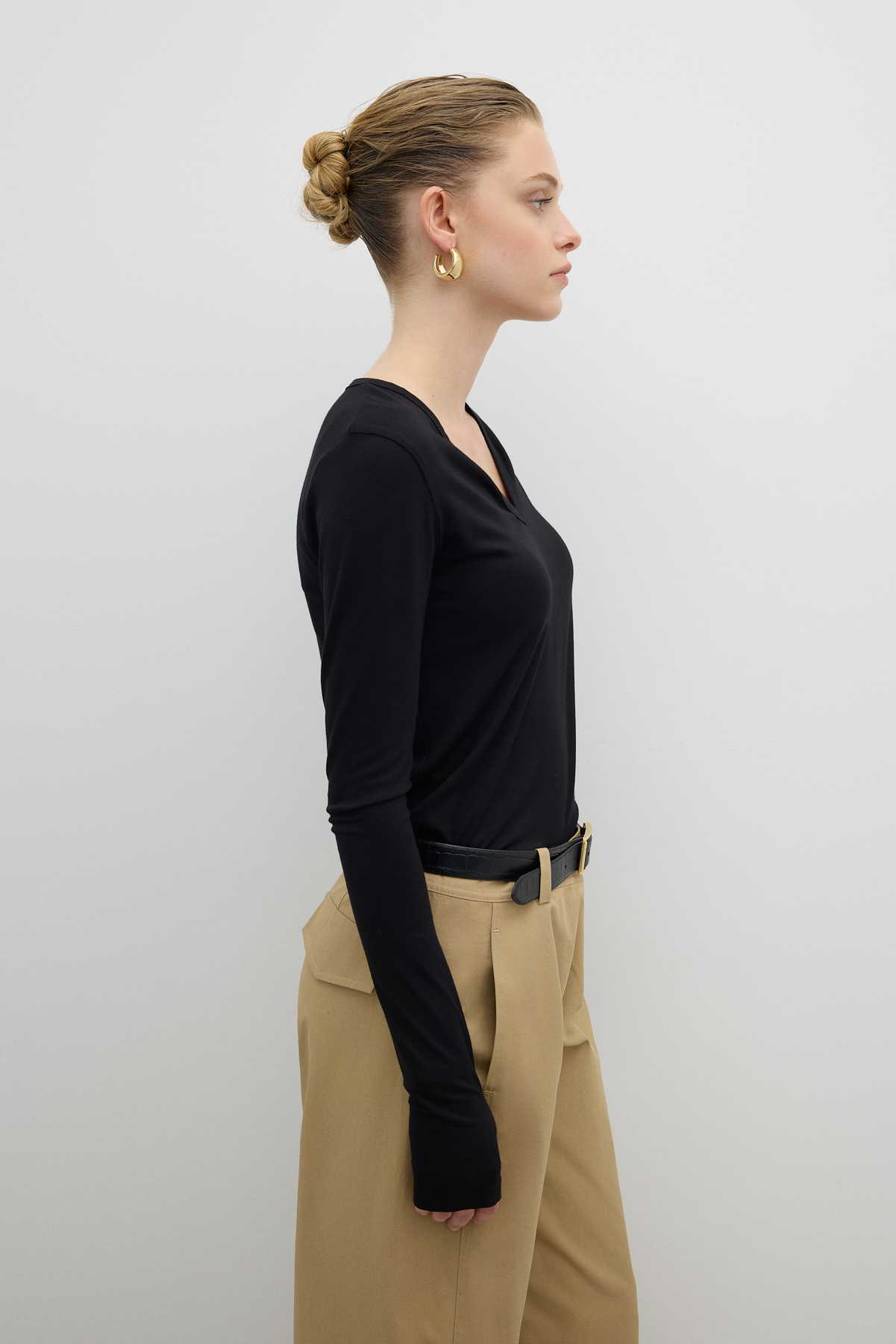 V Yaka Uzun Kol Basic T-shirt Siyah