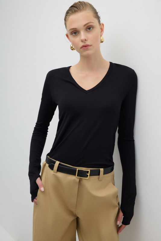 V Yaka Uzun Kol Basic T-shirt Siyah - 2