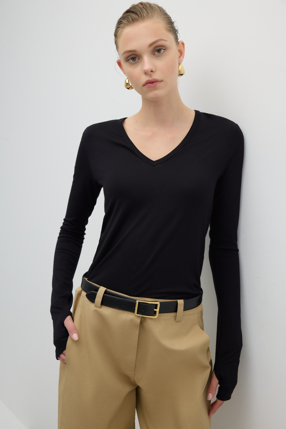 V Yaka Uzun Kol Basic T-shirt Siyah - 2