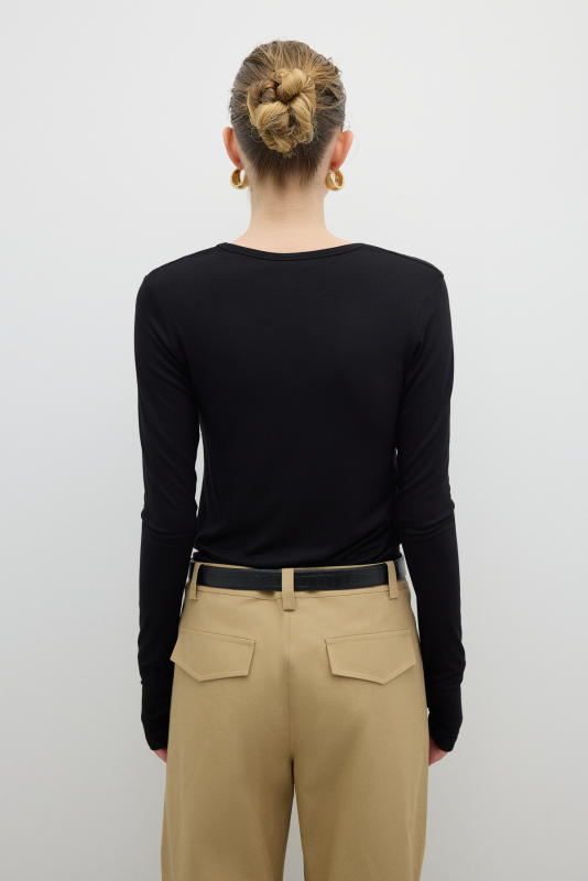 V Yaka Uzun Kol Basic T-shirt Siyah - 3