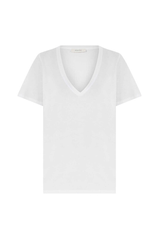  V Yakalı Kadın Tişört Beyaz - 4