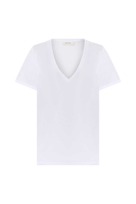  V Yakalı Kadın Tişört Beyaz - 4