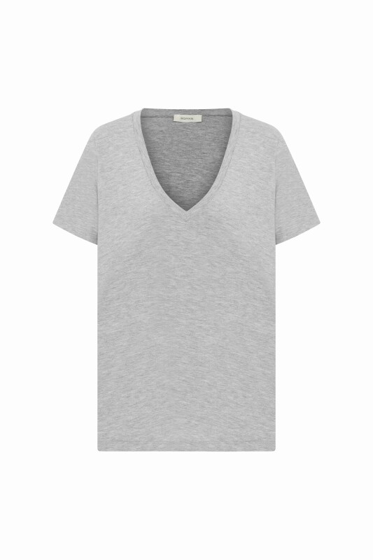  V Yakalı Kadın Tişört Gri - Melanj - 4