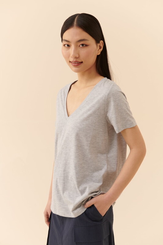  V Yakalı Kadın Tişört Gri - Melanj - 3