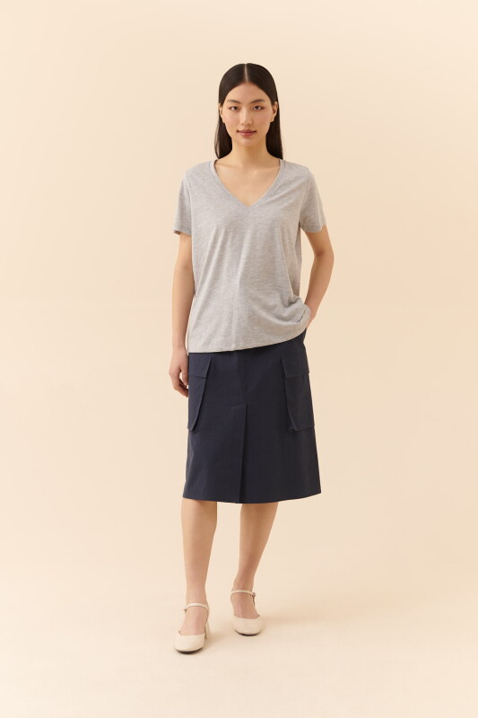  V Yakalı Kadın Tişört Gri - Melanj - 1