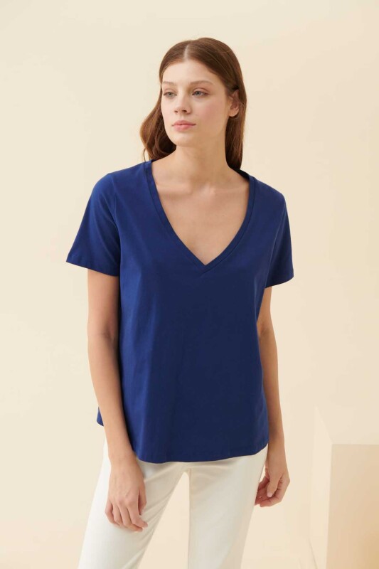  V Yakalı Kadın Tişört Lacivert - 3