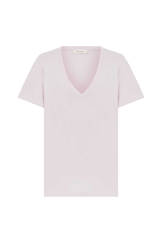  V Yakalı Kadın Tişört Pembe - 4
