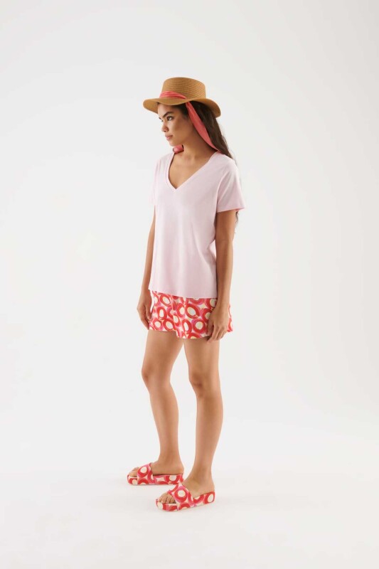  V Yakalı Kadın Tişört Pembe - 1