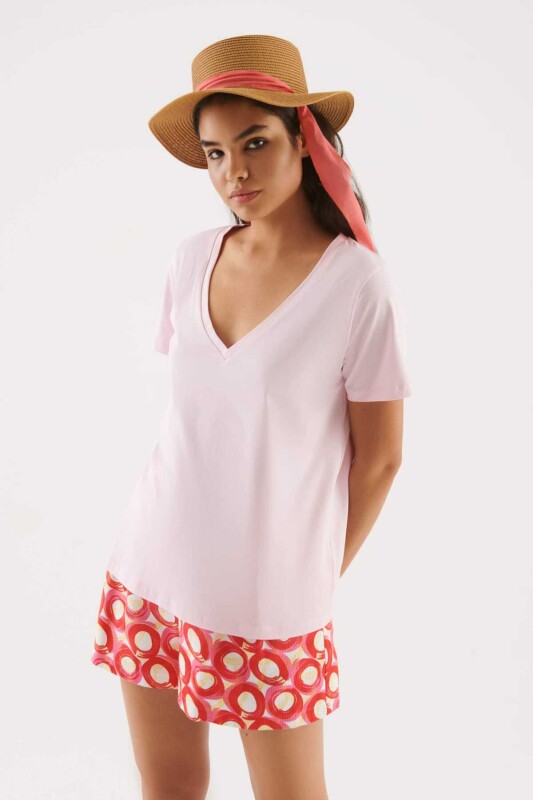  V Yakalı Kadın Tişört Pembe - 3