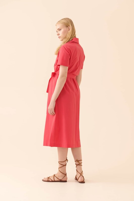 Midi Boy Düğmeli Elbise Fuşya - 2