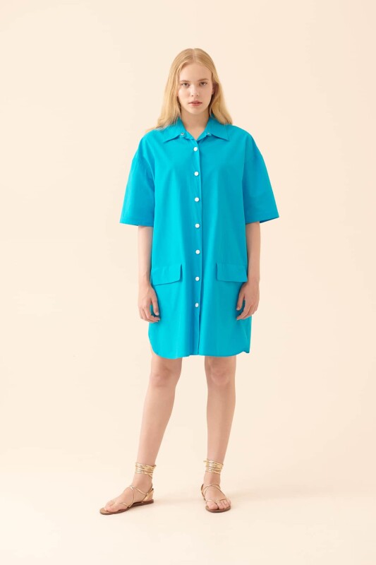 Düğmeli Elbise Mavi - 3