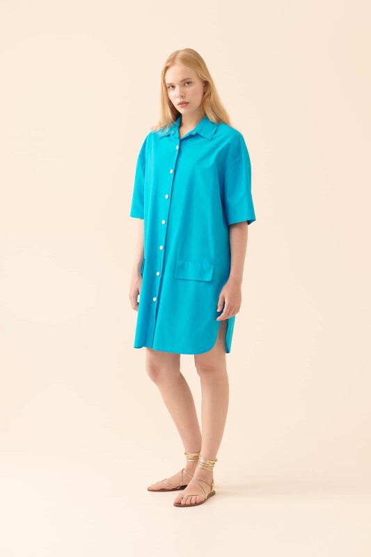 Düğmeli Elbise Mavi - 4