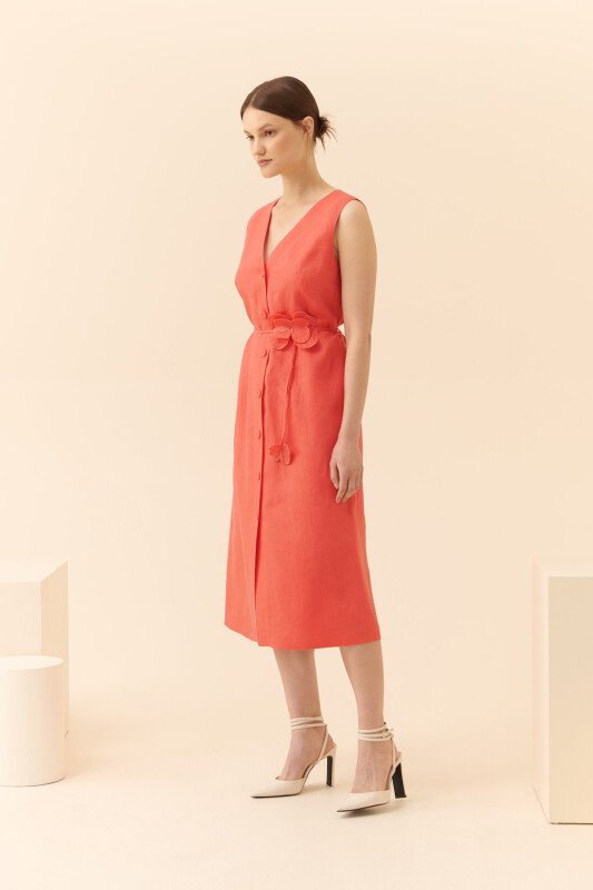 Düğmeli Günlük Elbise Nar Çiçeği - 3